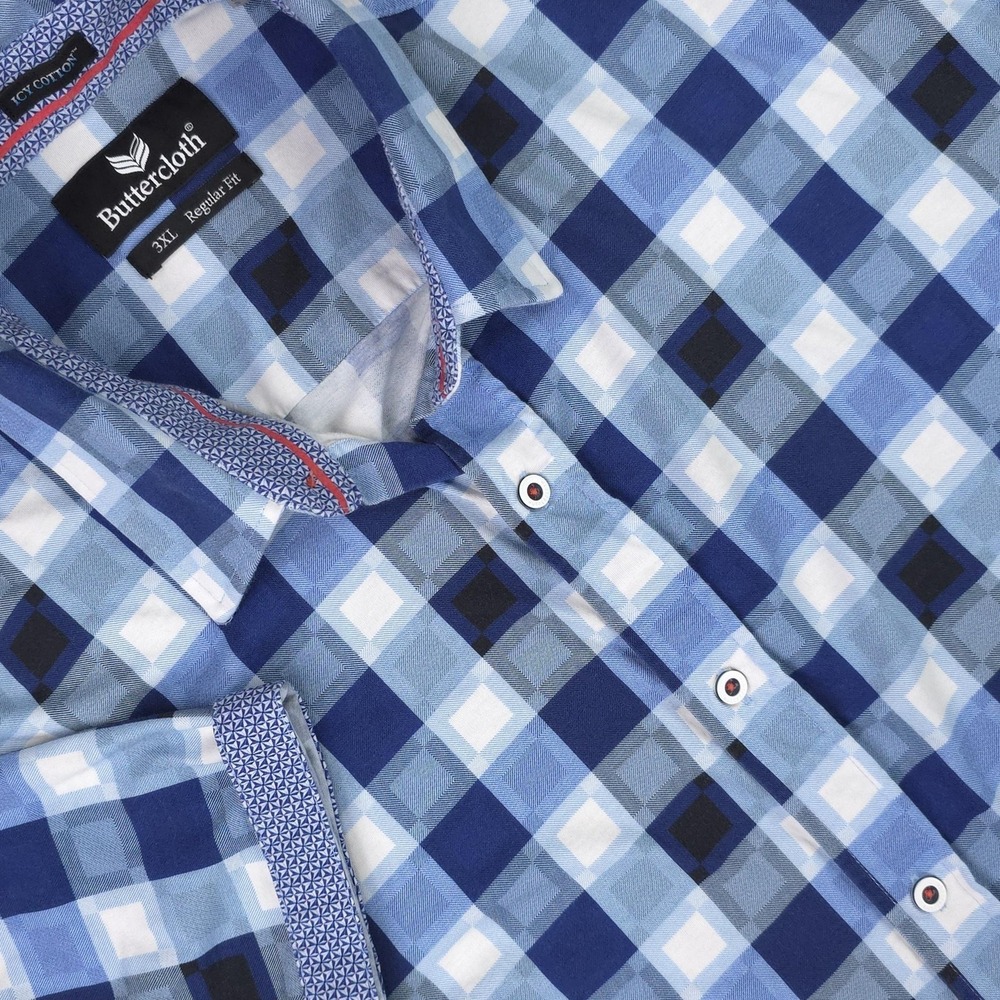 Buttercloth Shirt Mens 3XL Blue Check Short Sleeve Icy Cotton Stretch Button Up